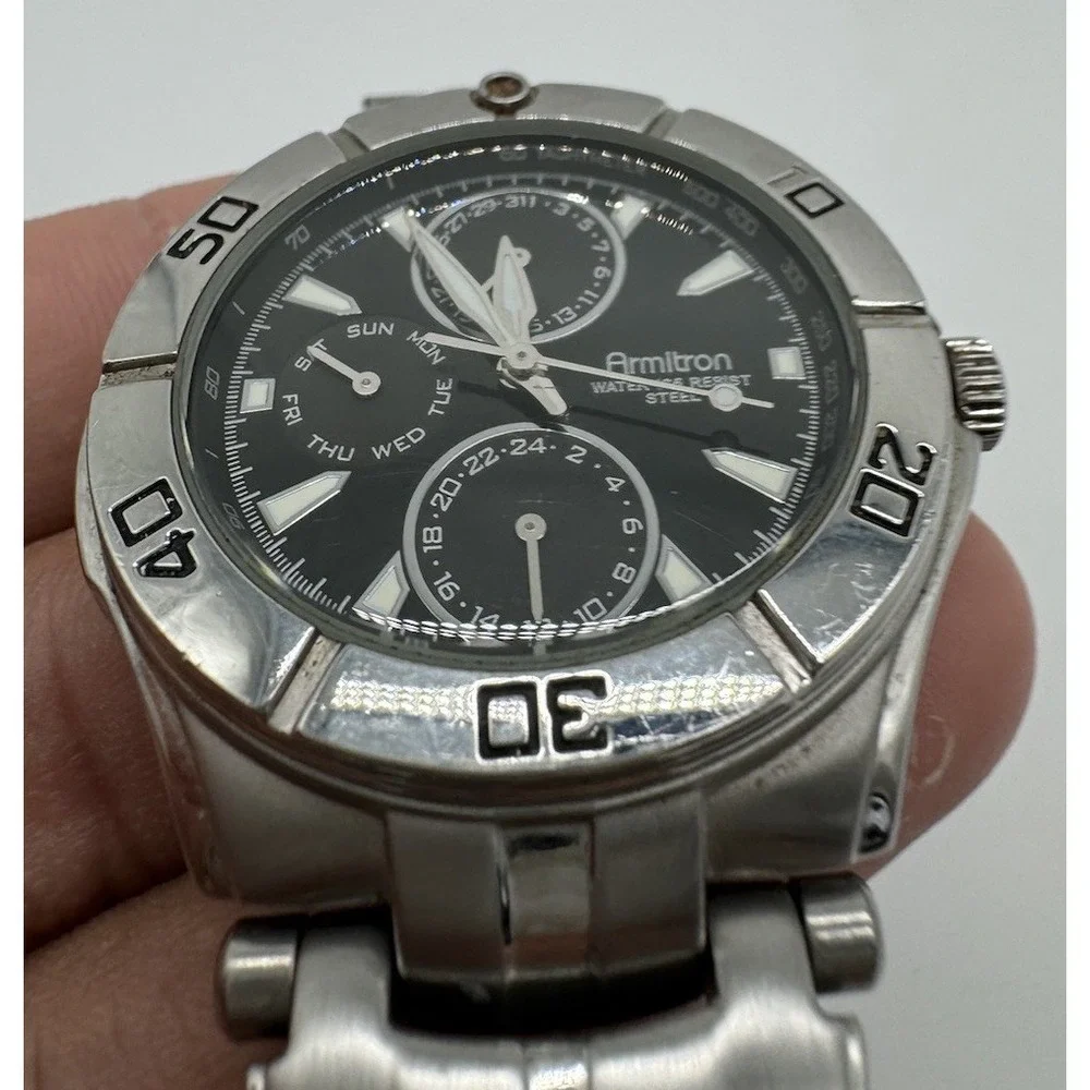 Armitron Mens Watch 20/4224SV Black Dial Stainless Steel Multi Function 165FT